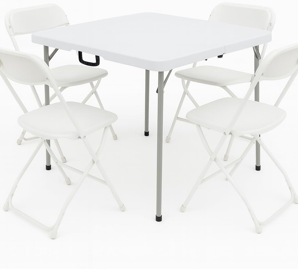 BTEXPERT 5 Piece Folding Card Table Portable and Chair Set, 34" Square Foldable Table 4 Adult Chairs for Board Games Party Home Indoor Outdoor Lightweight White Plastic