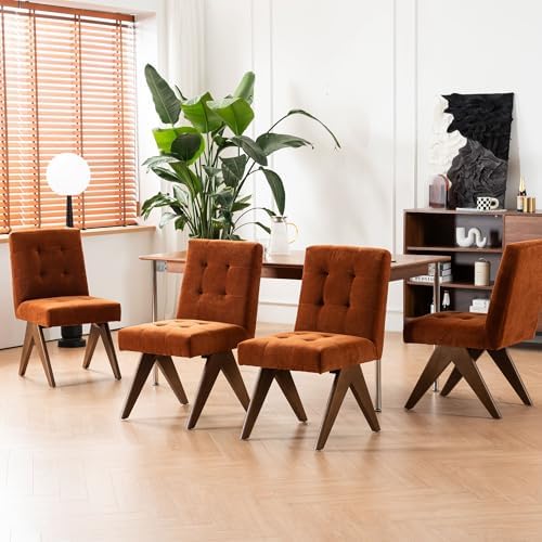 Rowill Modern Upholstered Dining Chairs Parsons Chair Linen Fabric Kitchen Chairs Tufted Armless Dining Room Chairs with Wood Legs Set of 4, Burnt Orange