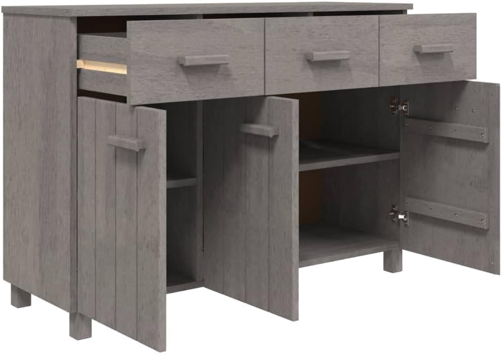 Light Grey Solid Pine Wood Sideboard with Shelves and Drawers, Traditional Style Storage Cabinet for Living Room Bedroom Dining Area, Durable Furniture