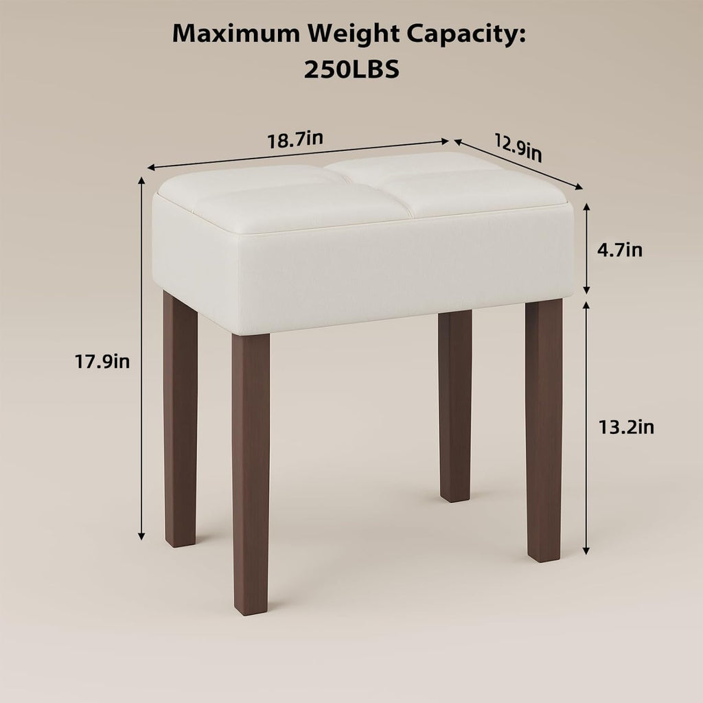 EOSVALO Leather Vanity Stool, 18.7 Inch Wide Rectangle Ottoman Bench for Makeup Room, Vanity Chair with Wood Legs for Piano Room, Bedroom,Living Room with Customizable (Cream)