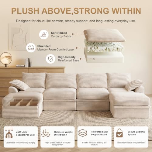 142" Upgraded Couch with Storage, Modular Sectional Couches for Living Room, Oversized Deep Seat 6-Seat U Shaped Cloud Sofa with Ottoman & Pillows,Corduroy,No Assembly(Beige)