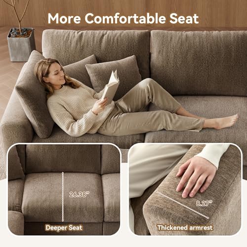WorthFurni 110” Cloud Sectional Couches for Living Room, Modular Sectional Sofa with Deep Seat, Convertible L-Shape Couch with Storage Ottoman for Bedroom Apartment, Chenille (Brown)