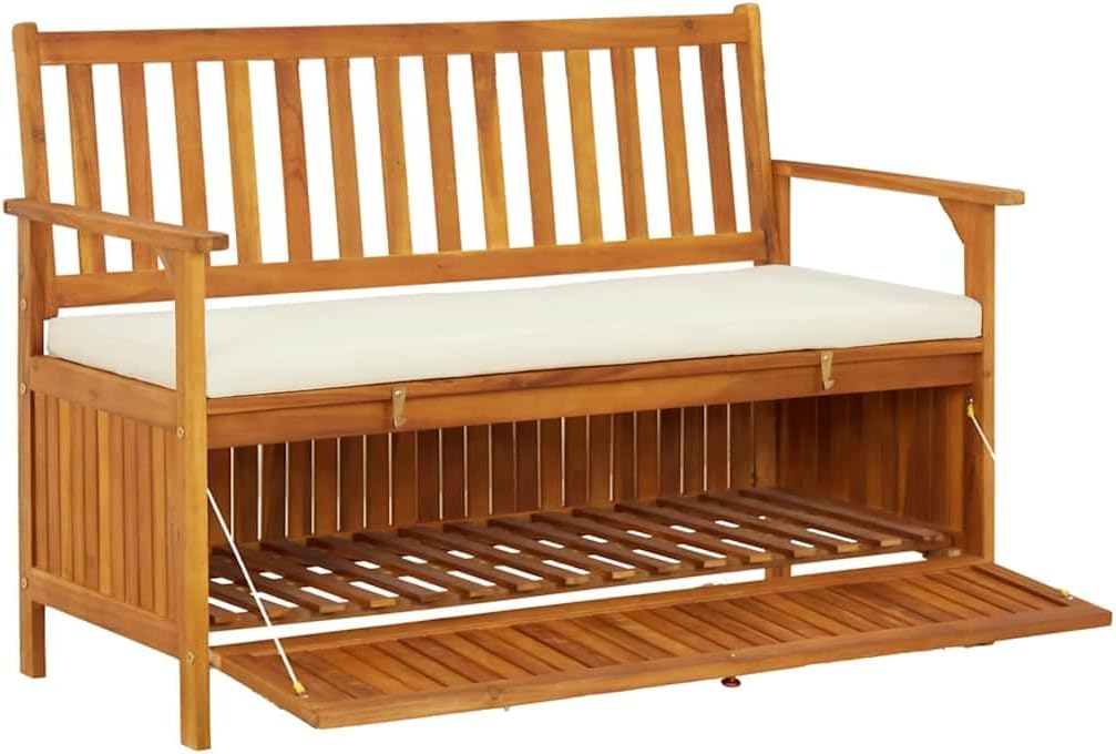 Patio Storage Bench, Solid Acacia Wood Outdoor Garden Bench with Seating for 2, Rustic Entryway Storage Settee with Soft Cushion for Deck, Porch or Mudroom, 47.2 x 24.8 x 33.1 in