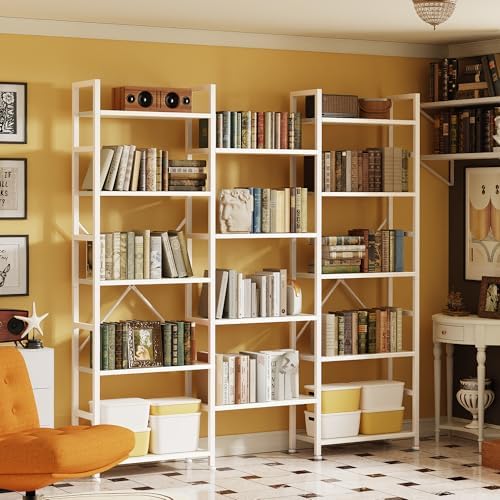 SUPERJARE Triple Bookshelf, Bookcase with 14 Open Display Shelves, Wide Book Shelf Book Case for Home & Office, 5 Tier, White