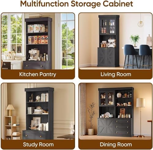 71" Black Farmhouse Kitchen Pantry Cabinet Set of 4— Freestanding Coffee Bar with Glass Doors or Drawers, Microwave Stand, Large Storage Hutch with Adjustable Shelves for Kitchen, Living Room
