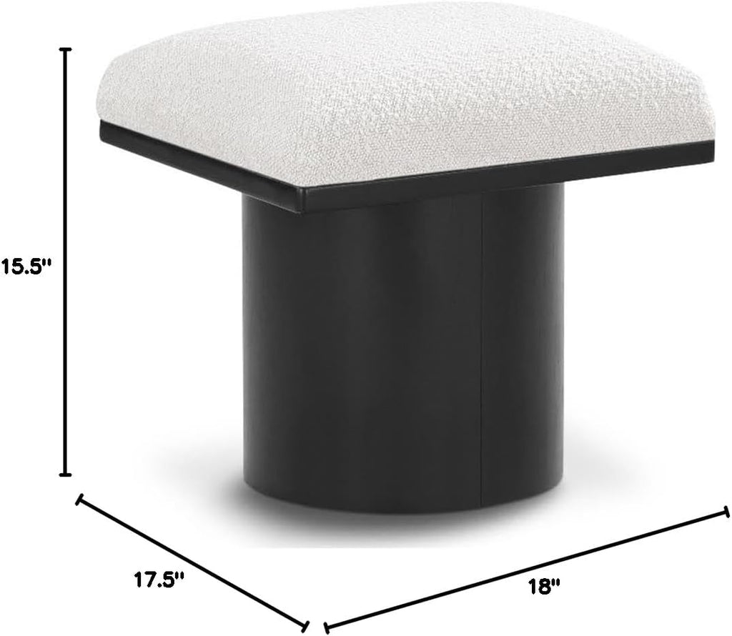 MAKLAINE Cream Boucle Fabric Bench/Stool, 15.5" W x 18" D x 17.5" H, Oak Veneer with Black Finish, 4" Thick Channel-Tufted Seat Cushion, Art Deco Design, Modular Living Room or Entryway Seating