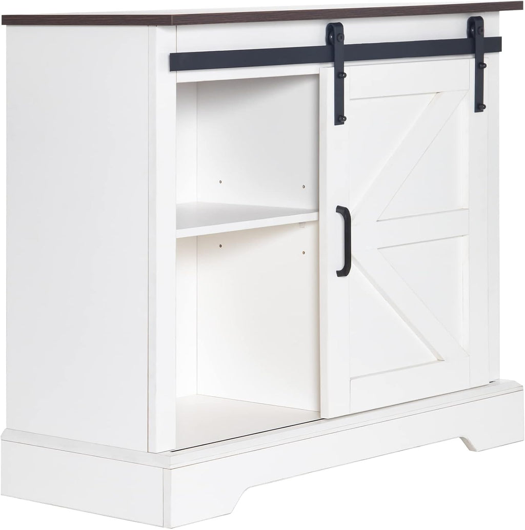 HOMFAMILIA 31.5" H Farmhouse Coffee Bar Cabinet w/Storage, White Kitchen Coffee Station with Sliding Barn Door, Rustic Buffet Cabinet with Adjustable Shelves, for Kitchen, Living Room, White