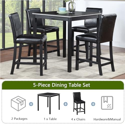 LUMISOL Dining Table Set for 4, Solid Wood Counter Height Kitchen Table Set with 4 Upholstered Chairs, Farmhouse Table and Chairs for Kitchen, Dining Room, Home Bar, Black
