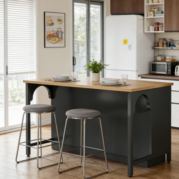Kitchen Island with Open Shelves, Black and Natural Wood Top | 3-Tier Storage, Arched Side Panels, 55.12" x 31.5" Top, Metal Frame Base, Freestanding Design