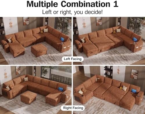Vipbear 130" Modular Sectional Sleeper Sofa with Pull Out Bed, 9 Seat Chenille U Shaped Couch with Ottoman and Chaise|USB Ports|Cup Holders|Side Table, Tool Free Assembly, Orange