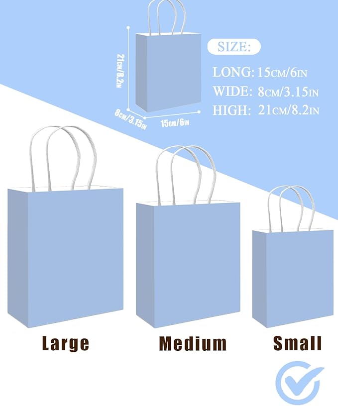 qiqee 50-Packs Gift Bag with Handles Bulk Light Blue Paper Bags Multiple Uses (8.3"x3"x6" Small Size)