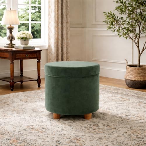 Homepop Home Decor | Upholstered Round Storage Ottoman | Ottoman with Storage for Living Room & Bedroom, Loden Green Velvet