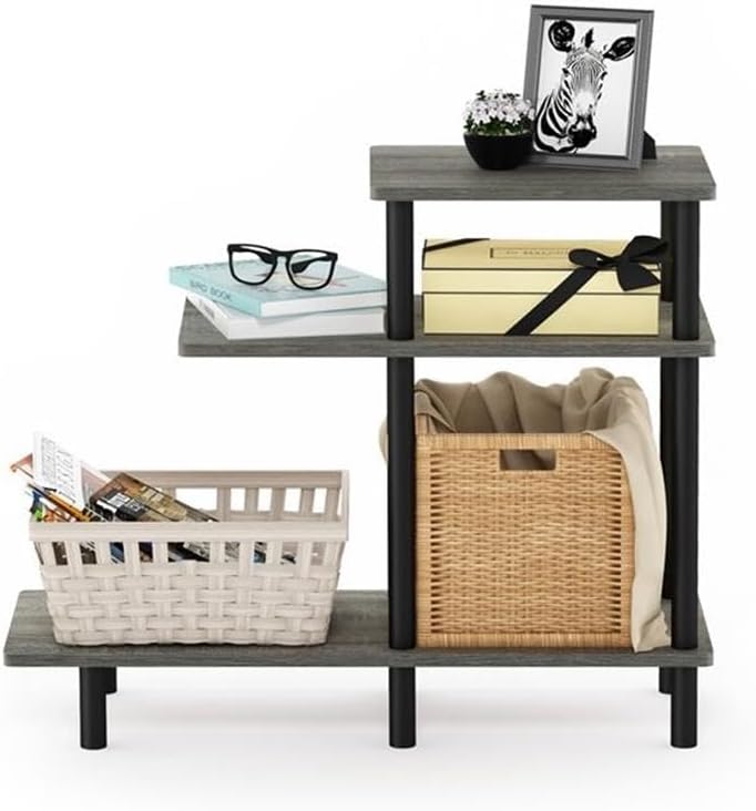 Pemberly Row 3-Tier Sofa Side Table, Engineered Wood, French Oak Gray/Black Finish, 31.5" W x 11.61" D x 25.63" H, Modern Style, Open Shelf Design, Sturdy Compact End Table for Living Room or Bedroom