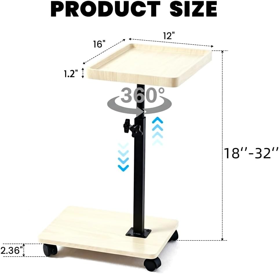 C Table End Table with Adjustable Height, C-Shaped Side Table for Couch & Bed, 360° Swivel TV Tray Table, Slide-Under Sofa Table for Snacks, Laptop & Small Spaces(Solid Wood Color)
