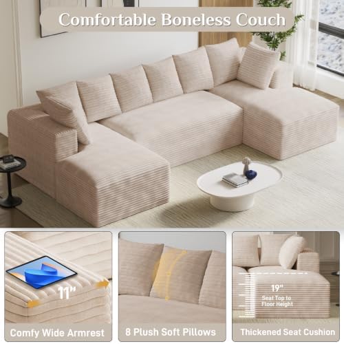 ONEMMLION 131" Oversized Cloud Couch Sofa with Chaise, Beige | Corduroy, U-Shaped Modular Sectional Couch for Living Room, Memory Foam, 19" Comfort-Height Seating, Deep Seat, Wide Armrest