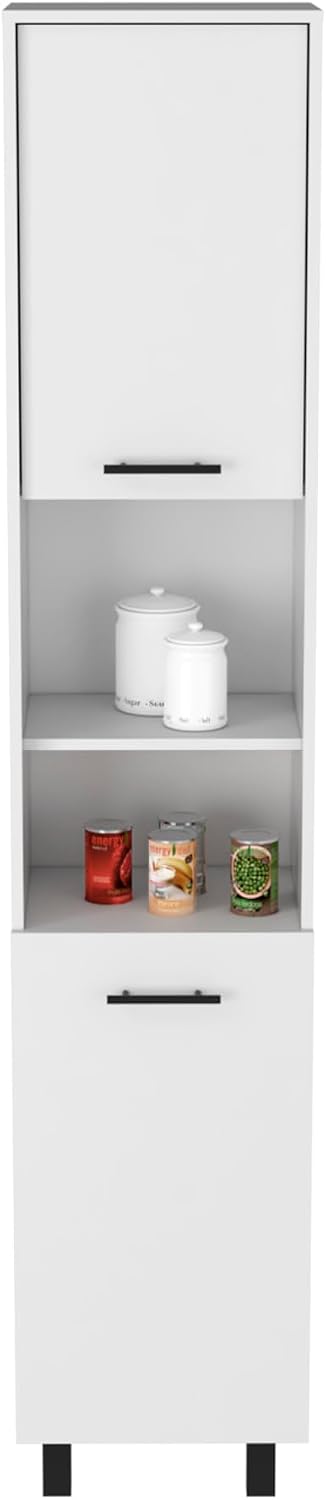 Kitchen Pantry 79" H, Two Open Storage Shelves, Three Internal Shelves, Two Doors, Four Legs, White