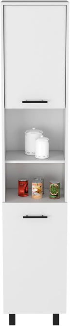 Kitchen Pantry 79" H, Two Open Storage Shelves, Three Internal Shelves, Two Doors, Four Legs, White