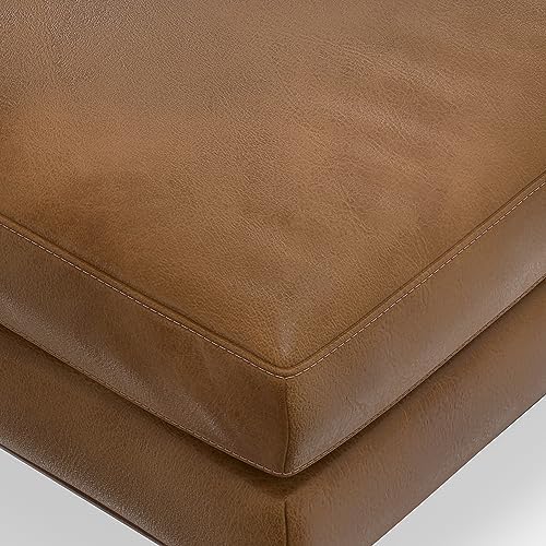 SIMPLIHOME Morrison 49" Wide Genuine Leather Rectangle Ottoman in Caramel | Caramel brown, mid-century modern ottoman with a cushioned top for extra seating, coffee table or footrest.