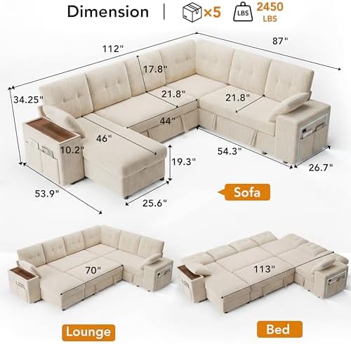 Vipbear 112" Modular Sectional Sleeper Sofa with Pull Out Bed, Chenille Modern 7 Seat L Shaped Couch with Reclining Backrest/LiftTop Storage Chaise Armrests/USB/LED Light/Tool-Free Assembly, Beige