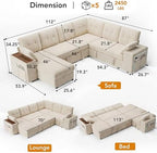 Vipbear 112" Modular Sectional Sleeper Sofa with Pull Out Bed, Chenille Modern 7 Seat L Shaped Couch with Reclining Backrest/LiftTop Storage Chaise Armrests/USB/LED Light/Tool-Free Assembly, Beige