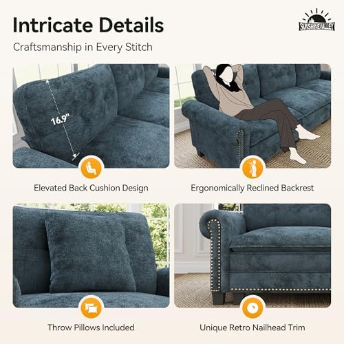 SUNSHINE VALLEY 116" Oversized Modular Sectional Couch L Shaped Living Room | Mid-Century Modern 4-Seater Cloud Sofa, Cyan, Rolled Arms & Nailhead Trim, Wider & Deeper Seats, Ottoman, Chenille