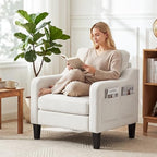 Accent Chairs Set of 2 for Living Room, Mid-Century Upholstered Armchair with Foldable Table & 2 Side Pockets, Modern Linen Wooden Sofa Chair for Bedroom & Reading Room, Beige
