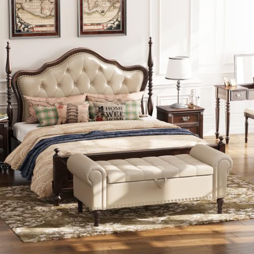 Apicizon 51” Bench with Storage, Faux Leather Ottoman Bench with Rolled Arm & Vintage Rivets, End of Bed Bench for Bedroom, Living Room, Entryway, Beige+Brown Legs