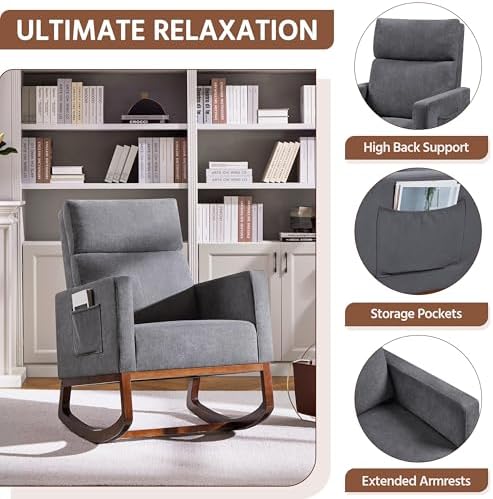 Yaheetech 28in Wide Padded High Back Glider Rocking Chair, Gray Polyester | High Back Nursing Chair with Side Pockets, Thick Foam Glider Chair, Rubberwood Base, Leisure Rocker for Living Room Bedroom