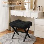 Memobarco 18-Inch Large Vanity Stool Chair, Black Makeup Stool | Teddy Flannel Vanity Bench, Metal X-Leg, 350 LBS, 20"x16.9"x18", Ottoman Accent Stool, Breathable Soft Padded Saddle Seat
