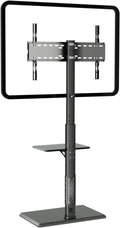 TV Floor Stand with Power Outlet & Removable Shelf for 32-75 Inch TVs | 110 lbs Capacity | ±30° Swivel | Height Adjustable | Cable Management | Safety Lock | Ideal for Living Room, Bedroom, Office