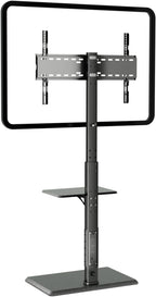 TV Floor Stand with Power Outlet & Removable Shelf for 32-75 Inch TVs | 110 lbs Capacity | ±30° Swivel | Height Adjustable | Cable Management | Safety Lock | Ideal for Living Room, Bedroom, Office