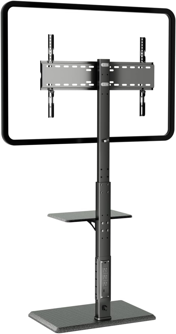 TV Floor Stand with Power Outlet & Removable Shelf for 32-75 Inch TVs | 110 lbs Capacity | ±30° Swivel | Height Adjustable | Cable Management | Safety Lock | Ideal for Living Room, Bedroom, Office