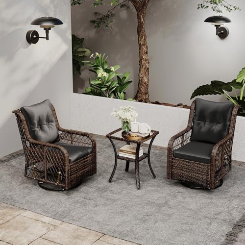 Tangkula 3 Pieces Outdoor Swivel Rocker Set, Rattan Wicker Patio Rocking Cushioned Chairs Set of 2 with Small Side Table, for Backyard, Poolside, Balcony, Lawn, Deck