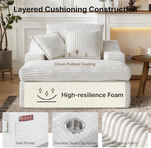 Oversized Chaise Lounge Chair Indoor, Upholstered Sleeper Sofa Bed | Couch with Cup Holders & 2 Pillows, Deep Seat Corduroy Cloud Sofa for Living Room, No Assembly Reading Chair, White