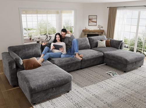 KKL Modular Sectional Couches for Living Room, U Shaped Sofa Couch with Adjustable Backrest, Chenille 6 Seater Sofa Couch with Convertible Ottoman and Comfy Cushion, Grey