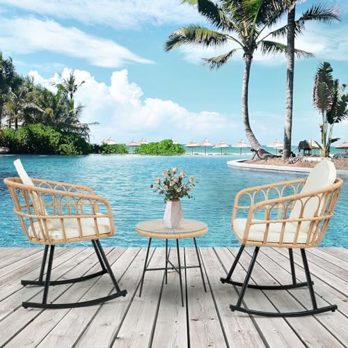 Vikiullf 3 Pieces Rocking Chairs Set - Outdoor Wicker Rattan Rocking Chairs with Thickened Cushions, Boho Patio Furniture, Patio Conversation Bistro Sets, for Balcony Garden Porch Living Room
