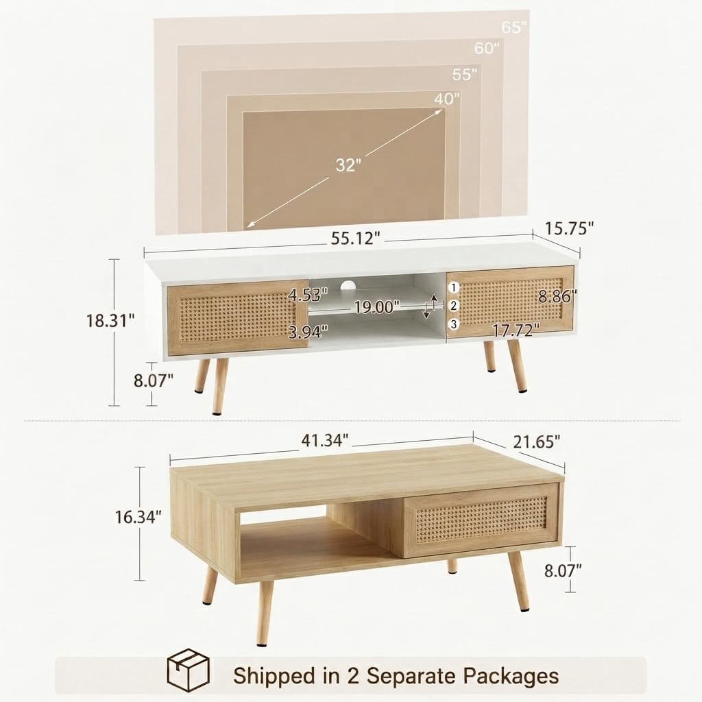 Boho Coffee Table & TV Stand Set of 2, Sliding Door Storage, Natural | Boho Entertainment Center Sturdy Frame, Natural TV Console Coffee Table with Sliding Door, Living Room Storage, Easy Assembly