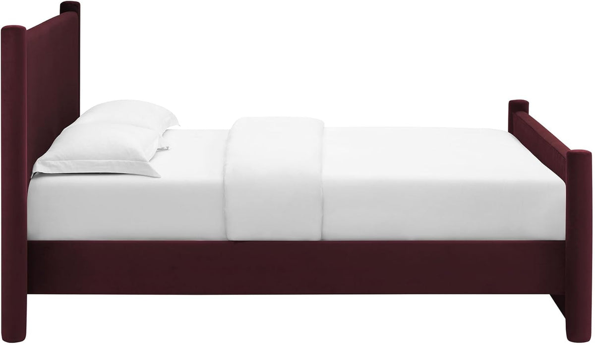 Modway Rael Queen Platform Bed Frame with Upholstered Headboard and Footboard in Mulberry – Stain-Resistant Performance Velvet Queen Size Bed with Rounded Posts