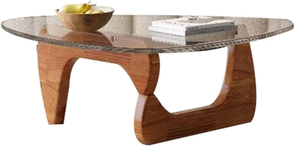 Modern End Table Triangle Glass Coffee Table, Irregular Oak Base Short Table Coffee Tables for Hallway Bedroom Living Room Foyer Rustic Office Balcony(Walnut Color 2,91 * 65 * 40CM)