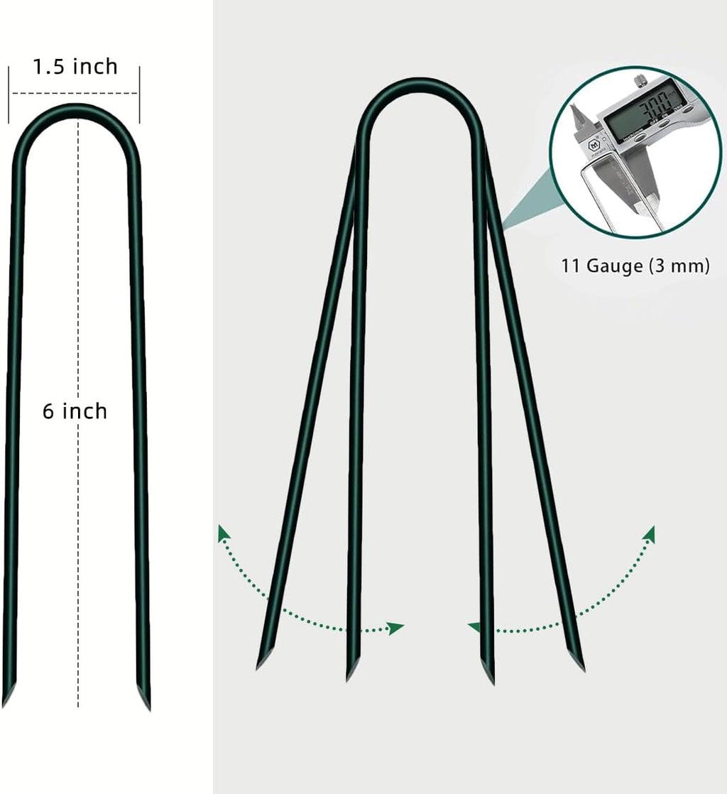 6 inch 25 Pack U Shape Green Garden Stakes,11 Gauge Garden Pins,U-Shaped Tent Stakes,Galvanized Landscape Staples for Yard Lawn,Tube, Landscape Fabrics,Irrigation Hose and Weed Barriers