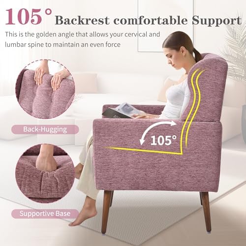 Modern Accent Chair, Upholstered Armchair with Pillow, Fabric Single Sofa Chair with Lounge Seat Solid Wood Legs Accent Chair for Living Room Bedroom Small Spaces (Purple)