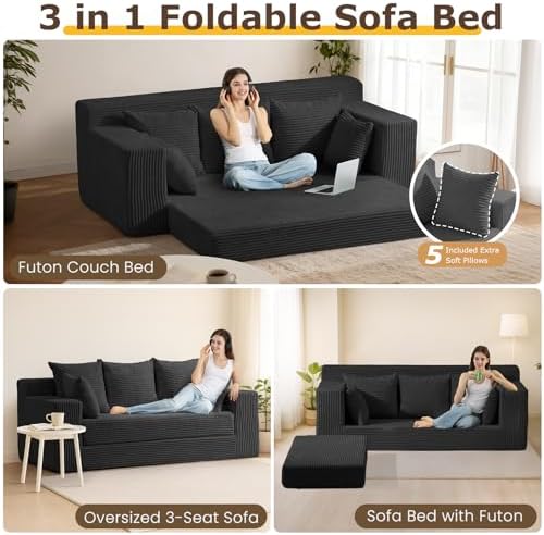 3 Seater Couch for Living Room, Convertible Futon Sofa Bed Comfy Pull Out Couch with 5 Pillows & Detachable Washable Cover, Upholstered Floor Sofa in A Box, No Assembly Required, Black