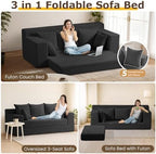 3 Seater Couch for Living Room, Convertible Futon Sofa Bed Comfy Pull Out Couch with 5 Pillows & Detachable Washable Cover, Upholstered Floor Sofa in A Box, No Assembly Required, Black