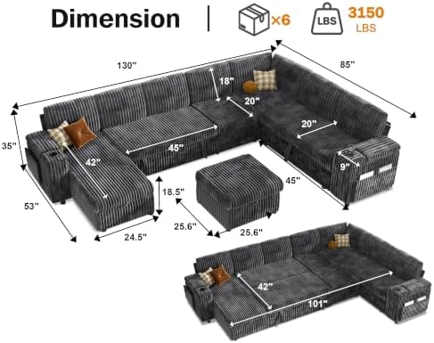 Vipbear 130" Modular Sectional Sleeper Sofa with Pull Out Bed, 9 Seat Corduroy L Shaped Couch with Ottoman and Chaise|USB Ports|Cup Holders|Side Table, Tool Free Assembly, Grey