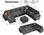 Vipbear 130" Modular Sectional Sleeper Sofa with Pull Out Bed, 9 Seat Corduroy L Shaped Couch with Ottoman and Chaise|USB Ports|Cup Holders|Side Table, Tool Free Assembly, Grey