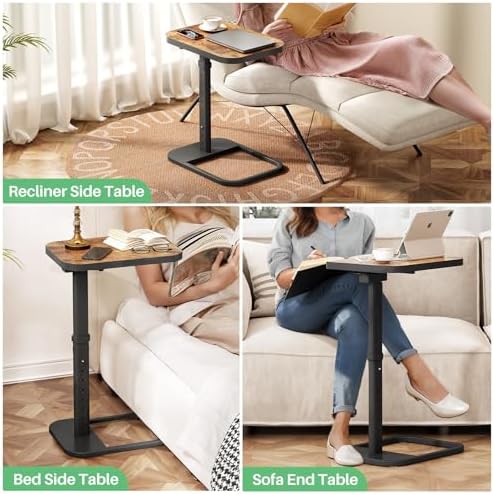Kitstorack TV Tray Table, Adjustable Height & Flip-Top & Rounded Metal Corners, Snack Table for Couch, Sofa, Bed, Chair, Living Room, C Shaped End Side Table for Eating, Dinner or Laptop, Small Spaces