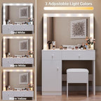 Haewon White Makeup Vanity Desk with Lighted Mirror and Storage Chiar Set | 11 LED Light Bulbs, 3 Lighting Modes, Built-In Charging Station, Storage Cabinet and Drawe for Bedroom