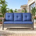 Belord Patio Sofa Luxury PE Wicker 3-Seater Outdoor Couch, Modern All-Weather High Back Deep Seat Woven Furniture Set for Porch, Deck, Balcony, Backyard - Grey/Blue
