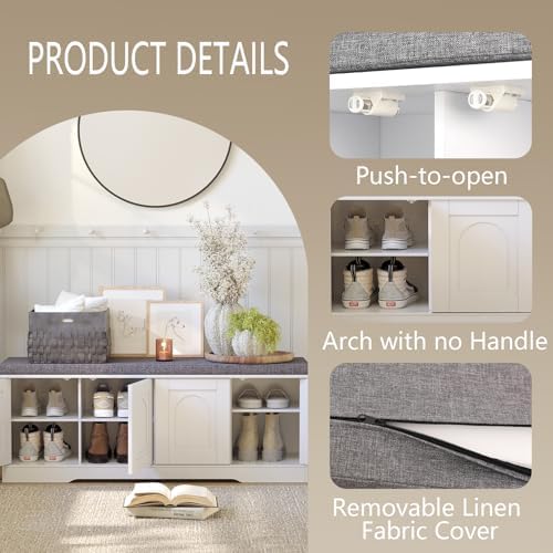 DINZI LVJ Shoe Storage Bench with Cushion, Door, White 47.2" LX17.7 H | Entryway Bench, 2-Tier Cabinet Bench, Widened Cubby, Fully Adjustable Shelves for Boots, Easy Assembly, Farmhouse, Bedroom