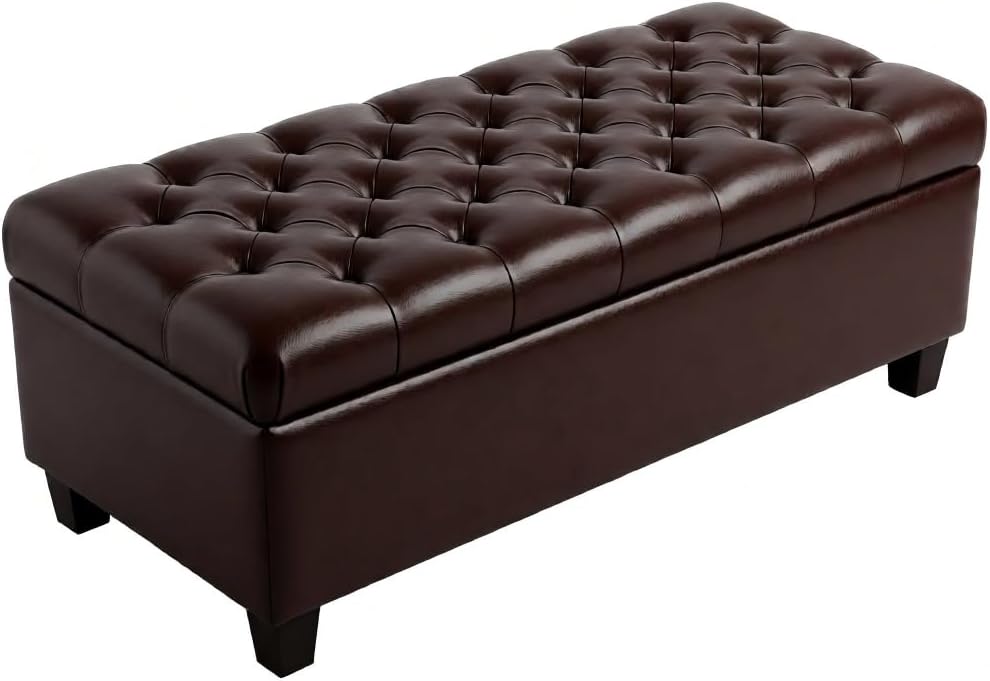 Leather Storage Bench for Living Room, End of Bed Bench with Storage, Large Upholstered Ottoman Benches Entryway Bench with Button-Tufted Shoe Cabinet Ottoman for Dining Room, Hallway, Brown